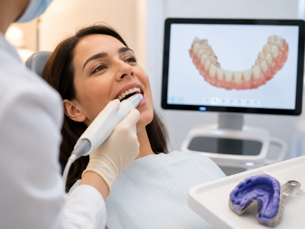 Paciente sorrindo durante moldagem digital com scanner intraoral, ao lado de uma moldeira tradicional com massinha, mostrando a arcada dentária na tela
