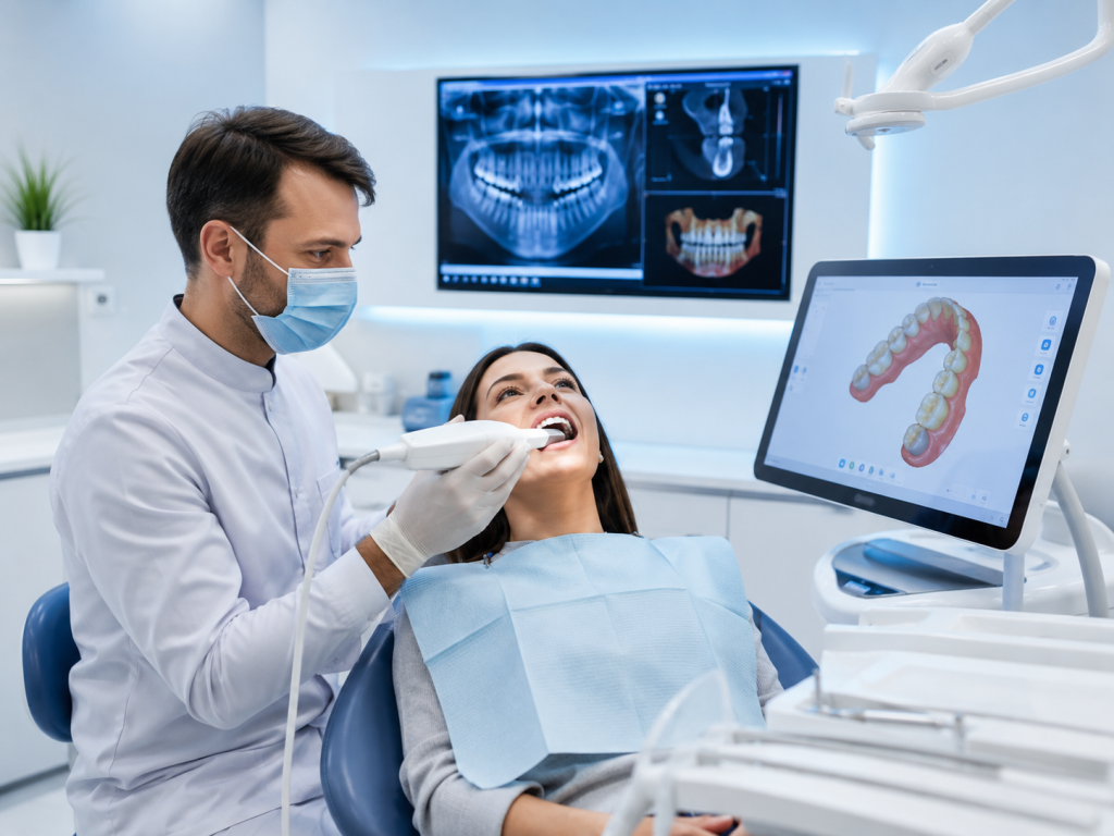 Dentista utilizando scanner intraoral em paciente durante atendimento de odontologia digital, com imagens digitais da arcada dentária na tela