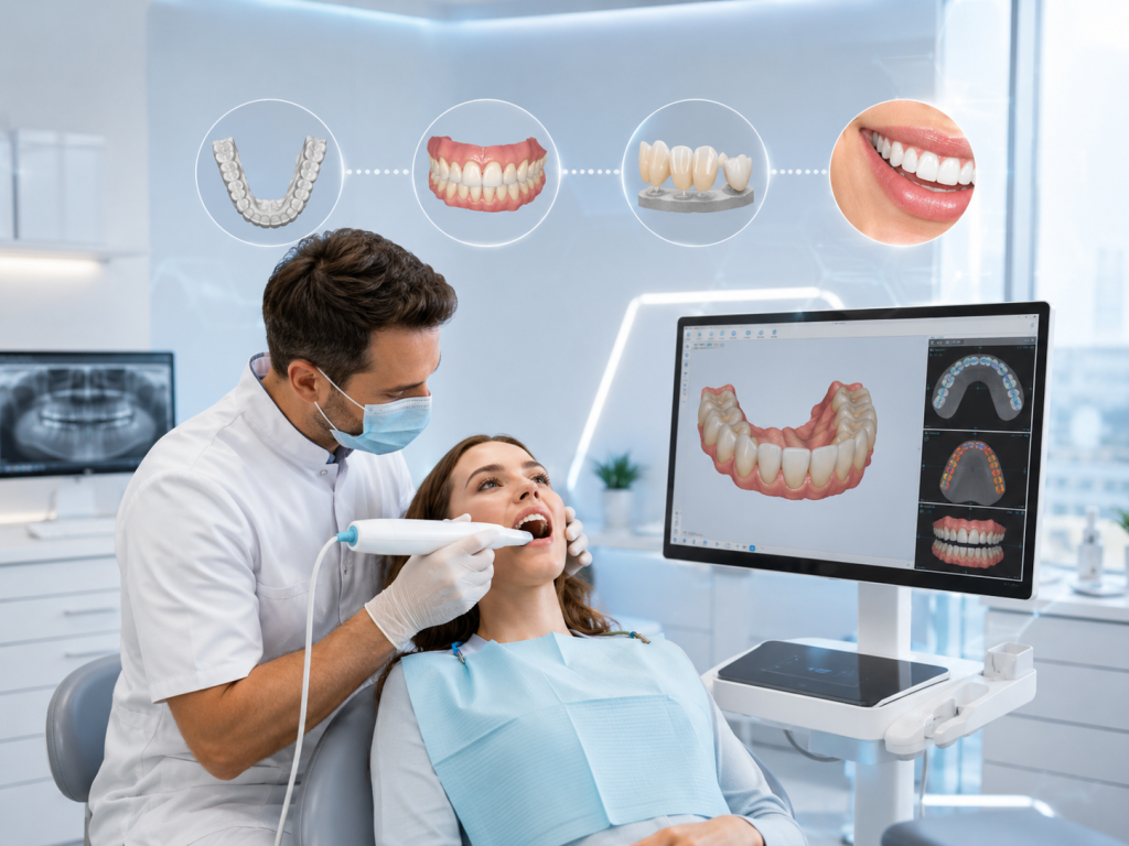 Dentista realizando escaneamento com scanner intraoral em paciente, com simulações digitais de alinhadores, coroas e sorriso na tela